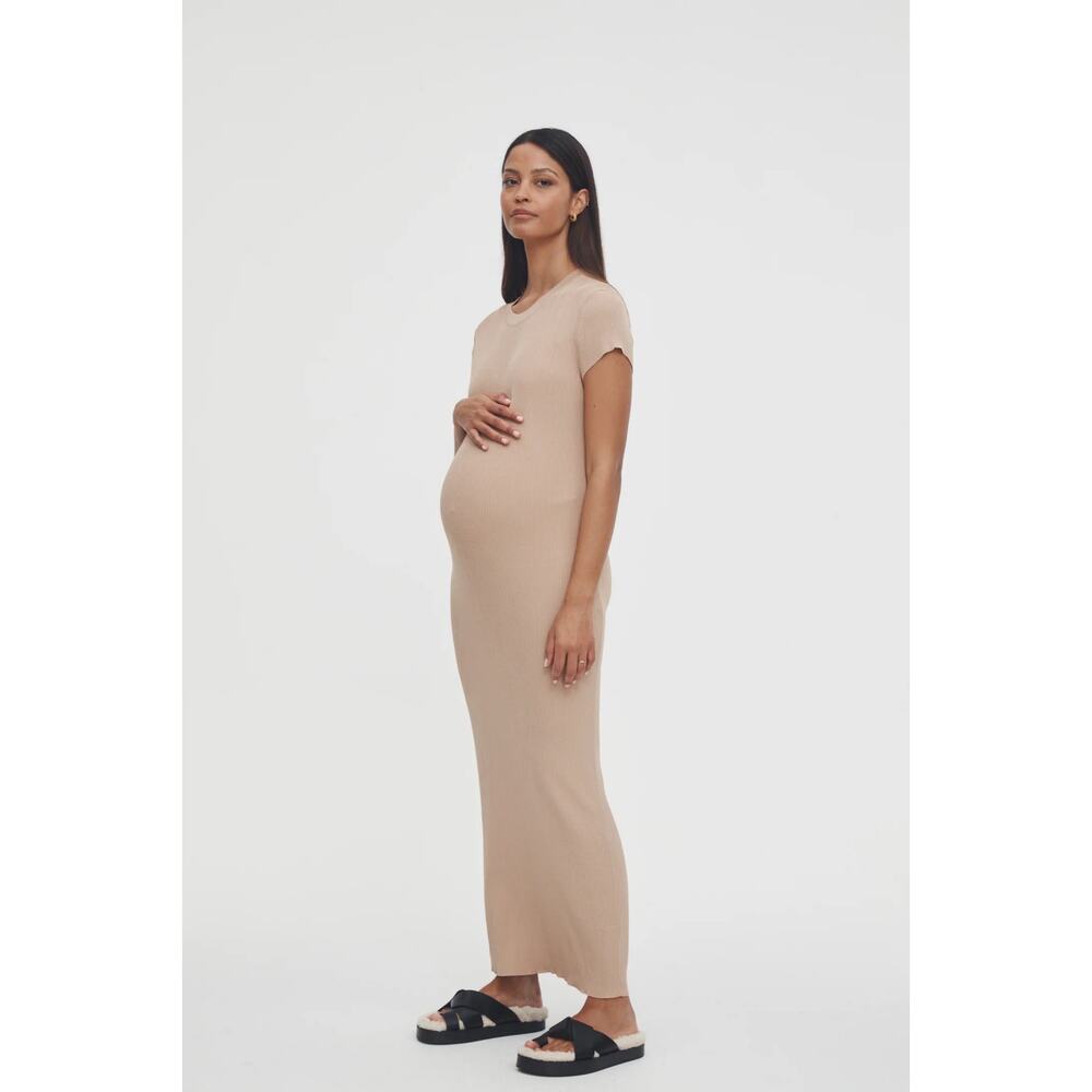 Maternity Ribbed Midi Dress - Beige
